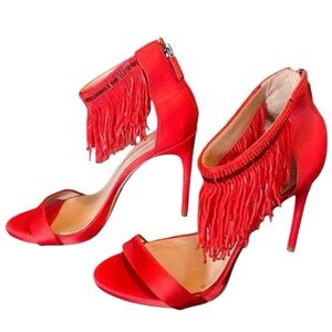 BCBG Red Satin Fringe Beaded Stiletto Open Toe Sandal Heels Size 6.5